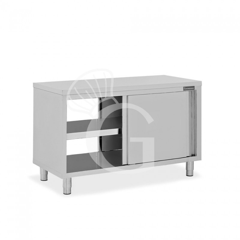 Tavolo armadiato passante in acciaio inox con porte scorrevoli, L 1500 mm x P 700 mm x H 850 mm