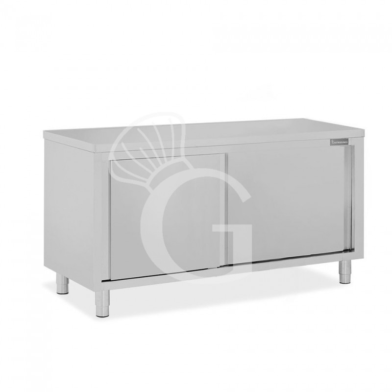 Tavolo armadiato passante in acciaio inox con porte scorrevoli, L 1800 mm x P 700 mm x H 850 mm