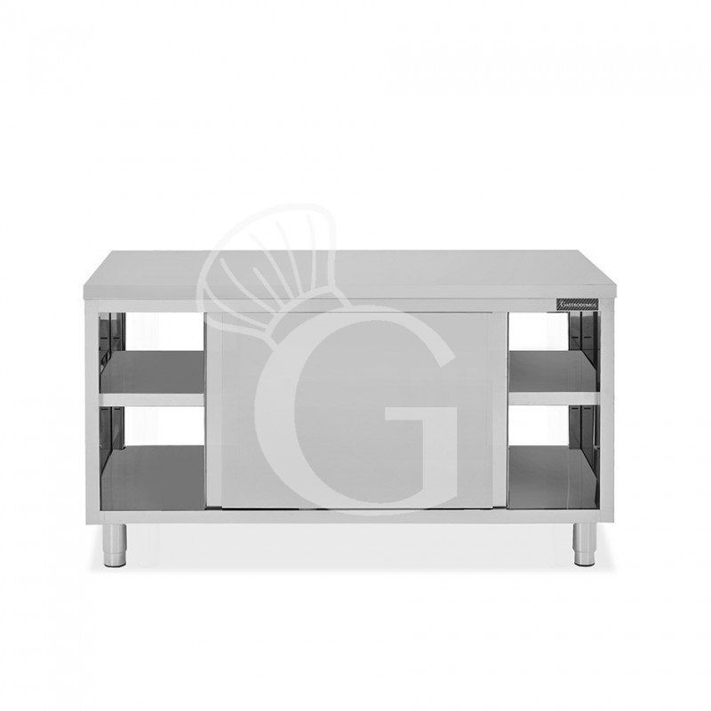 Tavolo armadiato passante in acciaio inox con porte scorrevoli, L 1800 mm x P 700 mm x H 850 mm
