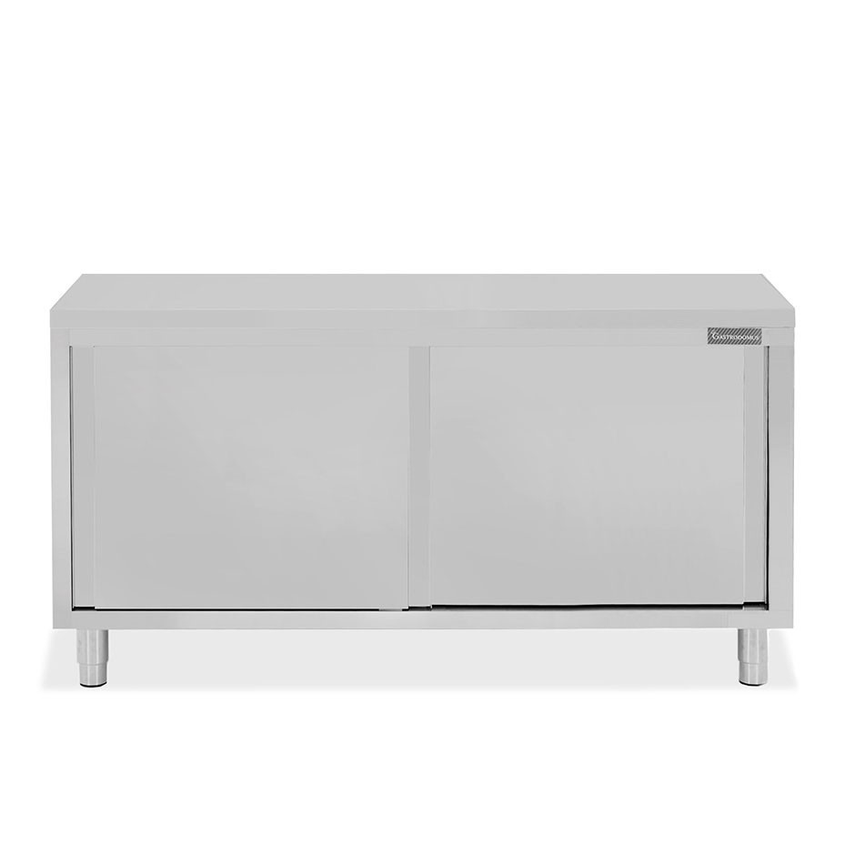 Tavolo armadiato passante in acciaio inox con porte scorrevoli, L 1800 mm x P 600 mm x H 850 mm