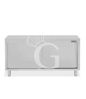 Tavolo armadiato passante in acciaio inox con porte scorrevoli, L 2000 mm x P 600 mm x H 850 mm