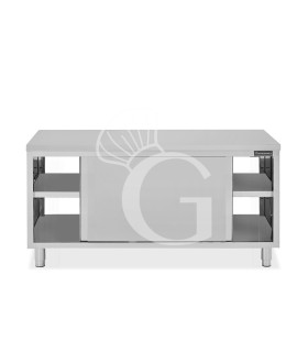 Tavolo armadiato passante in acciaio inox con porte scorrevoli, L 2000 mm x P 600 mm x H 850 mm