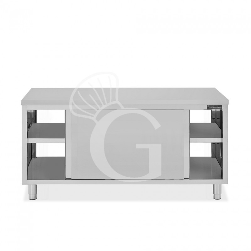 Tavolo armadiato passante in acciaio inox con porte scorrevoli, L 2000 mm x P 600 mm x H 850 mm