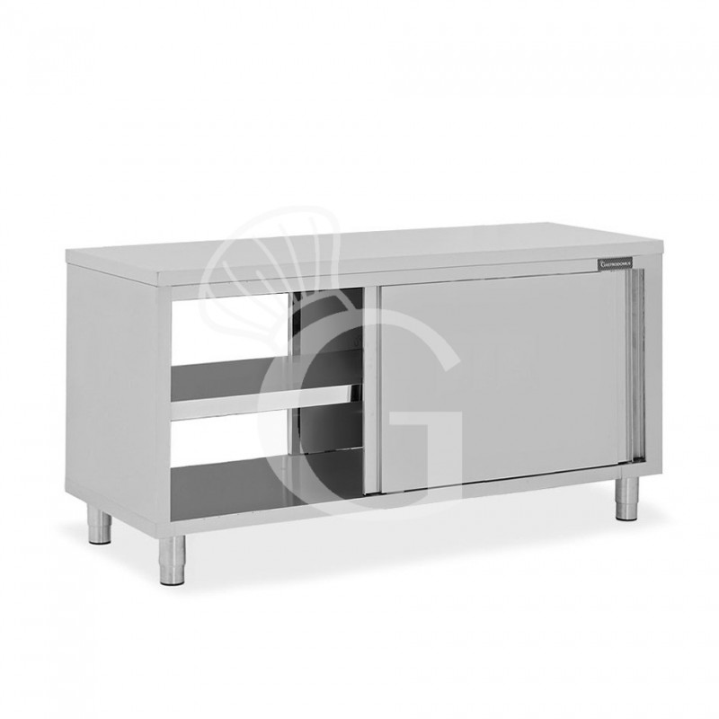 Tavolo armadiato passante in acciaio inox con porte scorrevoli, L 2000 mm x P 600 mm x H 850 mm