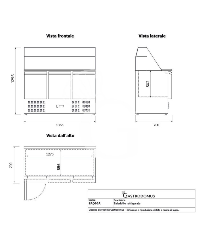 Saladette refrigerata GN1/1 predisposta per 4 bacinelle con 3 porte e vetrina