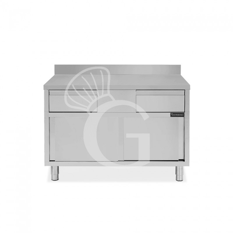Tavolo armadiato acciaio INOX, 2 porte scorrevoli, 2 cassetti, alzatina, L1000xP600xH950 mm