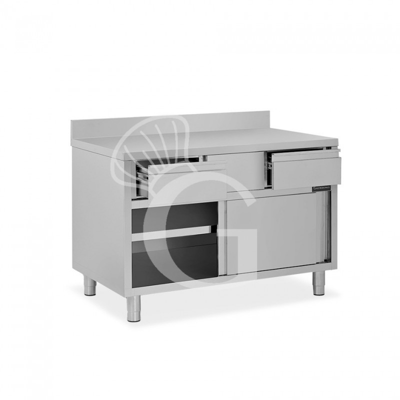 Tavolo armadiato acciaio INOX, 2 porte scorrevoli, 2 cassetti, alzatina, L1000xP600xH950 mm