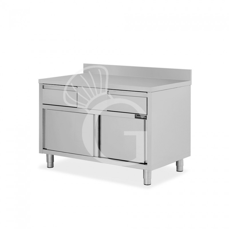 Tavolo armadiato acciaio INOX, 2 porte scorrevoli, 2 cassetti, alzatina, L1000xP700xH950 mm