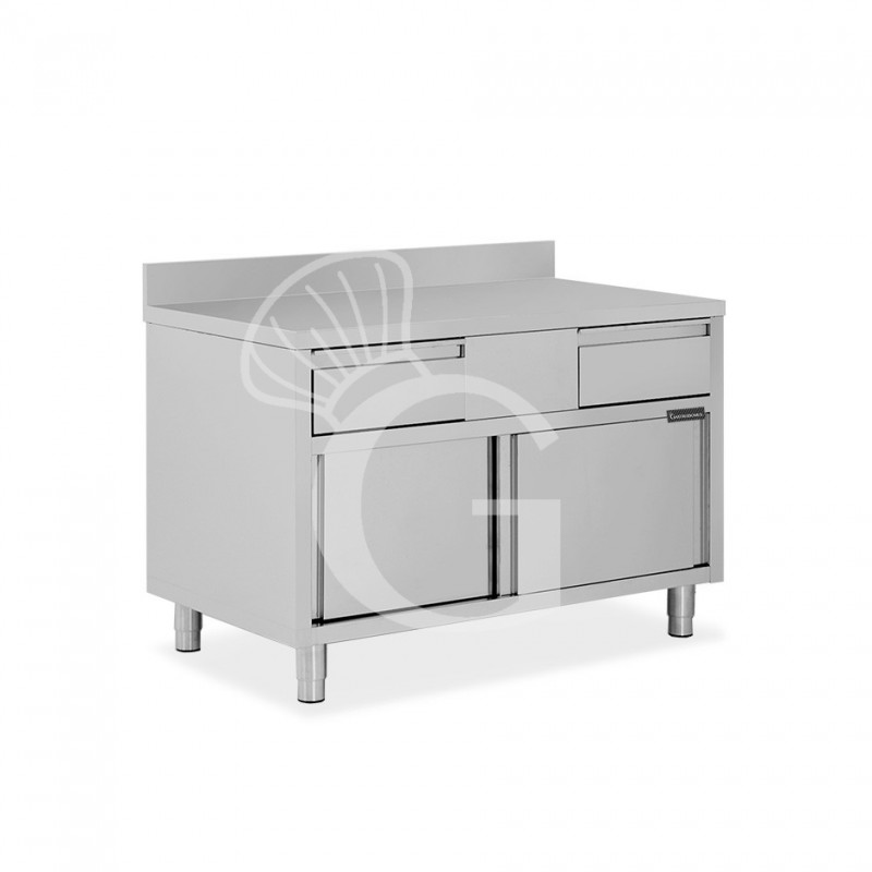 Tavolo armadiato acciaio INOX, 2 porte scorrevoli, 2 cassetti, alzatina, L1000xP700xH950 mm