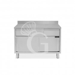 Tavolo armadiato acciaio INOX, 2 porte scorrevoli, 2 cassetti, alzatina, L1200xP600xH950 mm