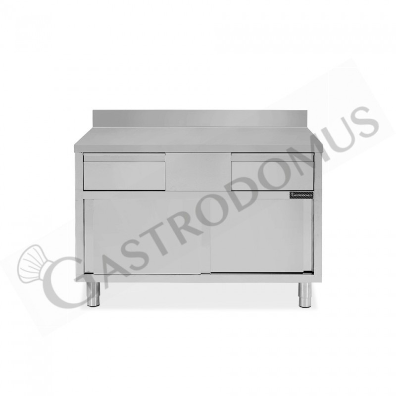 Tavolo armadiato acciaio INOX, 2 porte scorrevoli, 2 cassetti, alzatina, L1200xP600xH950 mm Tavolo armadiato acciaio INOX, 2 porte scorrevoli, 2 cassetti, alzatina, L1200xP600xH950 mm