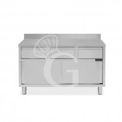 Tavolo armadiato acciaio INOX, 2 porte scorrevoli, 3 cassetti, alzatina, L1400xP700xH950 mm