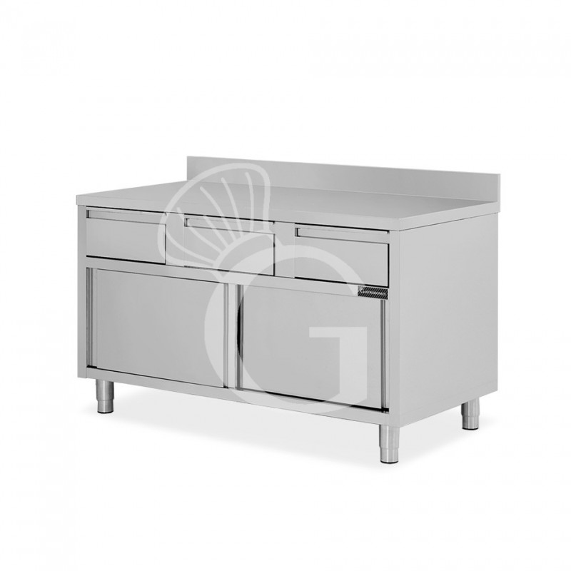 Tavolo armadiato acciaio INOX, 2 porte scorrevoli, 3 cassetti, alzatina, L1600xP700xH950 mm