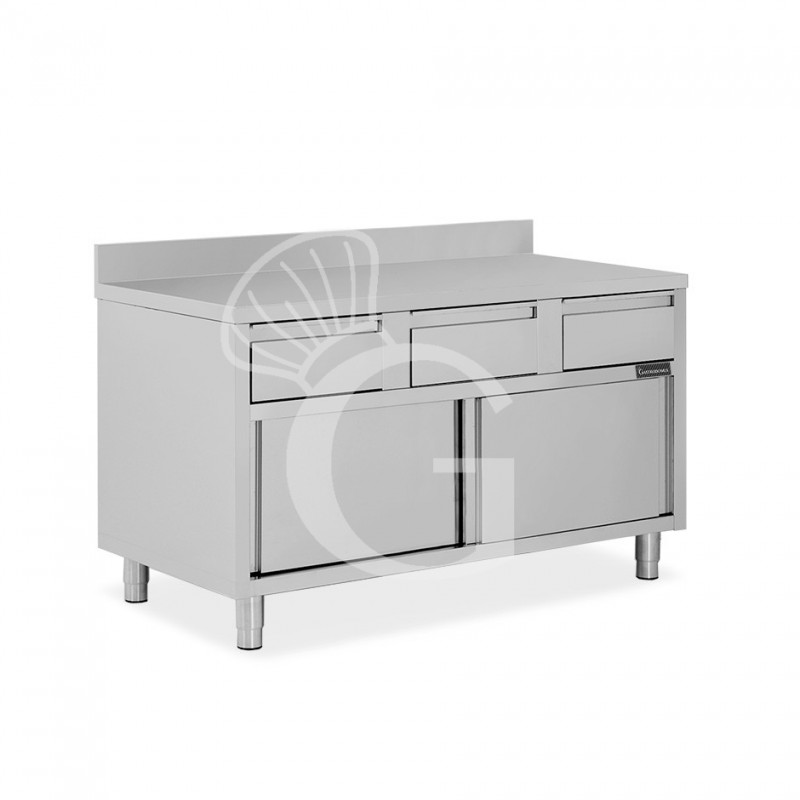 Tavolo armadiato acciaio INOX, 2 porte scorrevoli, 3 cassetti, alzatina, L1600xP700xH950 mm