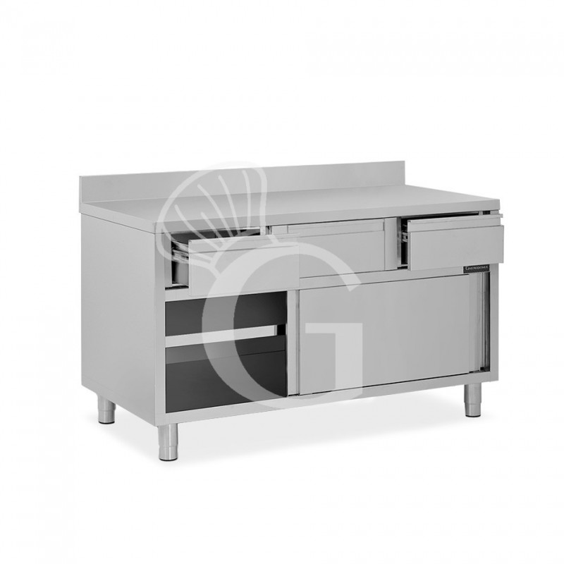 Tavolo armadiato acciaio INOX, 2 porte scorrevoli, 3 cassetti, alzatina, L1600xP700xH950 mm
