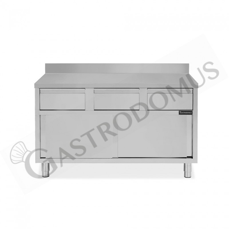 Tavolo armadiato acciaio INOX, 2 porte scorrevoli, 3 cassetti, alzatina, L1600xP600xH950 mm Tavolo armadiato acciaio INOX, 2 porte scorrevoli, 3 cassetti, alzatina, L1600xP600xH950 mm