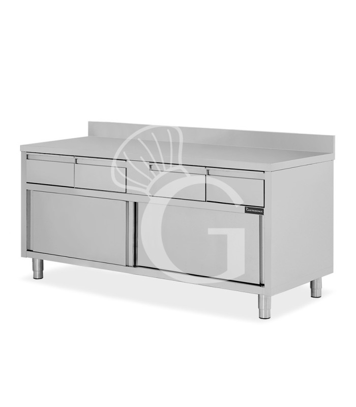 Tavolo armadiato acciaio INOX, 2 porte scorrevoli, 4 cassetti, alzatina, L1800xP600xH950 mm