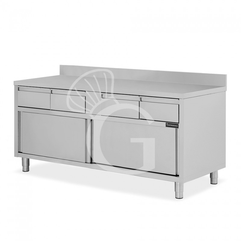 Tavolo armadiato acciaio INOX, 2 porte scorrevoli, 4 cassetti, alzatina, L1800xP700xH950 mm