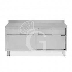 Tavolo armadiato acciaio INOX, 2 porte scorrevoli, 4 cassetti, alzatina, L1800xP700xH950 mm