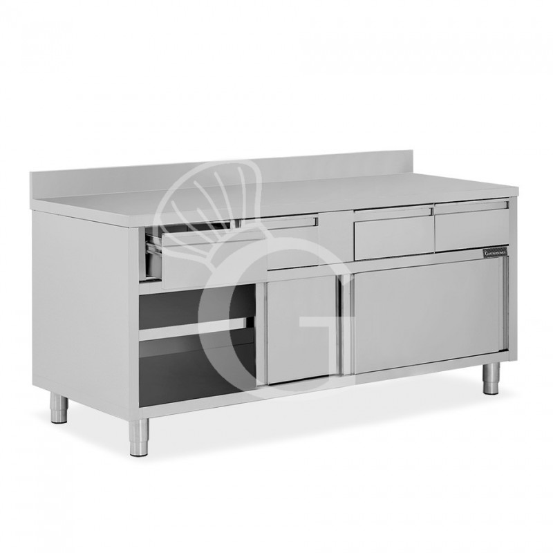 Tavolo armadiato acciaio INOX, 2 porte scorrevoli, 4 cassetti, alzatina, L1800xP700xH950 mm