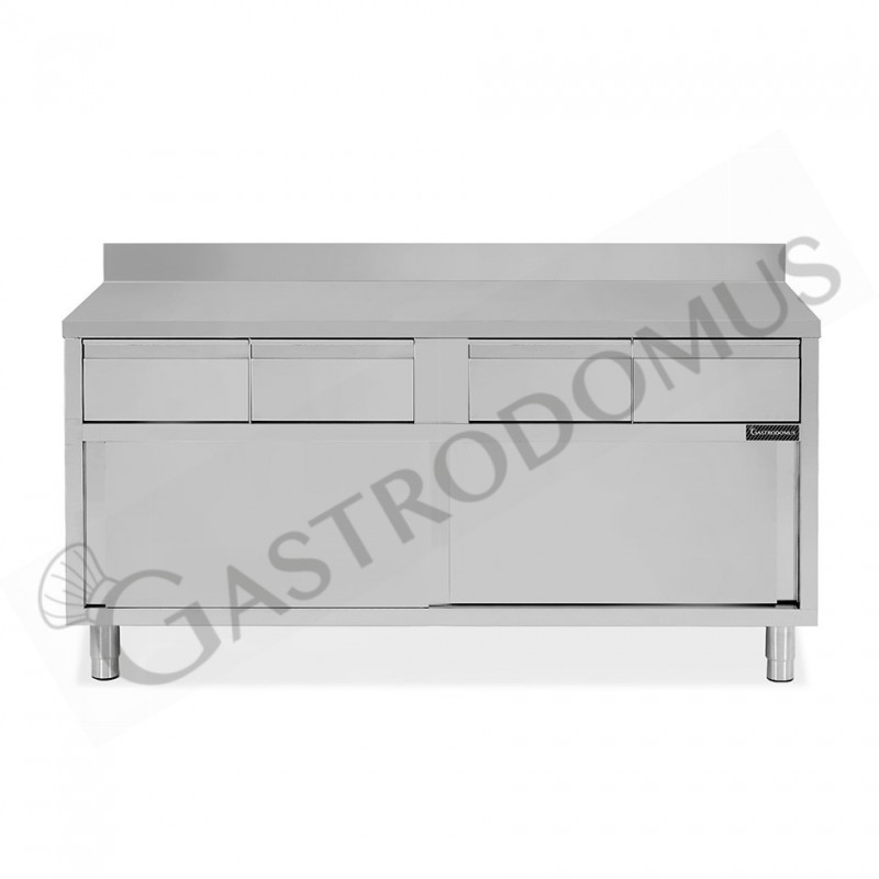 Tavolo armadiato acciaio INOX, 2 porte scorrevoli, 4 cassetti, alzatina, L2000xP600xH950 mm Tavolo armadiato acciaio INOX, 2 porte scorrevoli, 4 cassetti, alzatina, L2000xP600xH950 mm