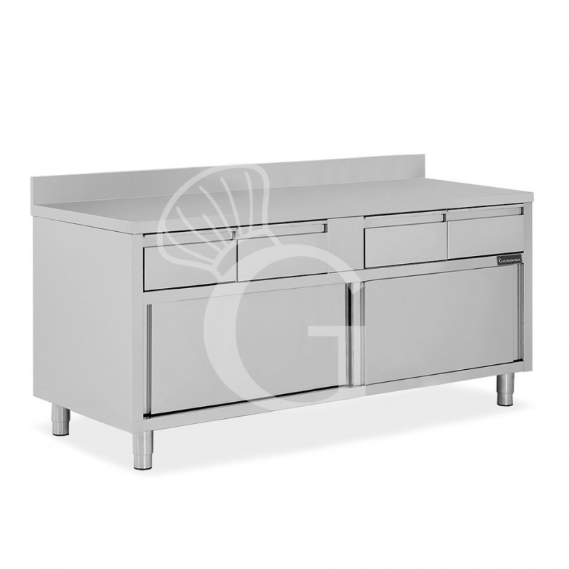 Tavolo armadiato acciaio INOX, 2 porte scorrevoli, 4 cassetti, alzatina, L2000xP600xH950 mm