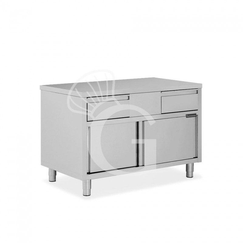 Tavolo armadiato in acciaio INOX, 2 porte scorrevoli, 2 cassetti, L1000xP600xH850 mm