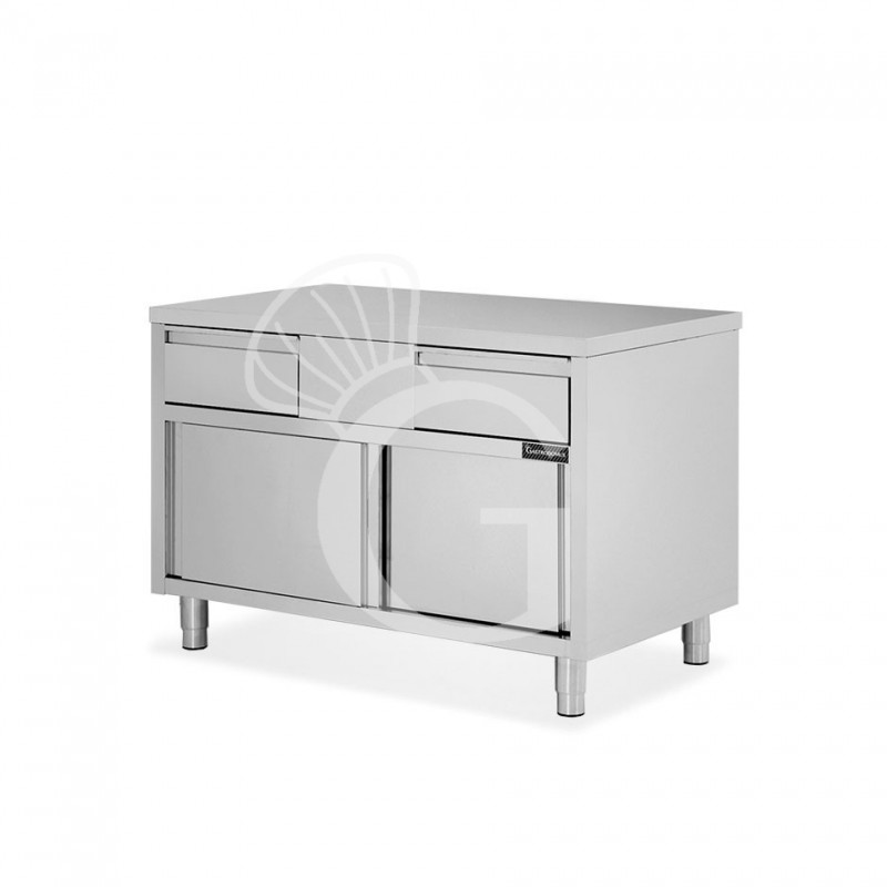 Tavolo armadiato in acciaio INOX, 2 porte scorrevoli, 2 cassetti, L1200xP600xH850 mm