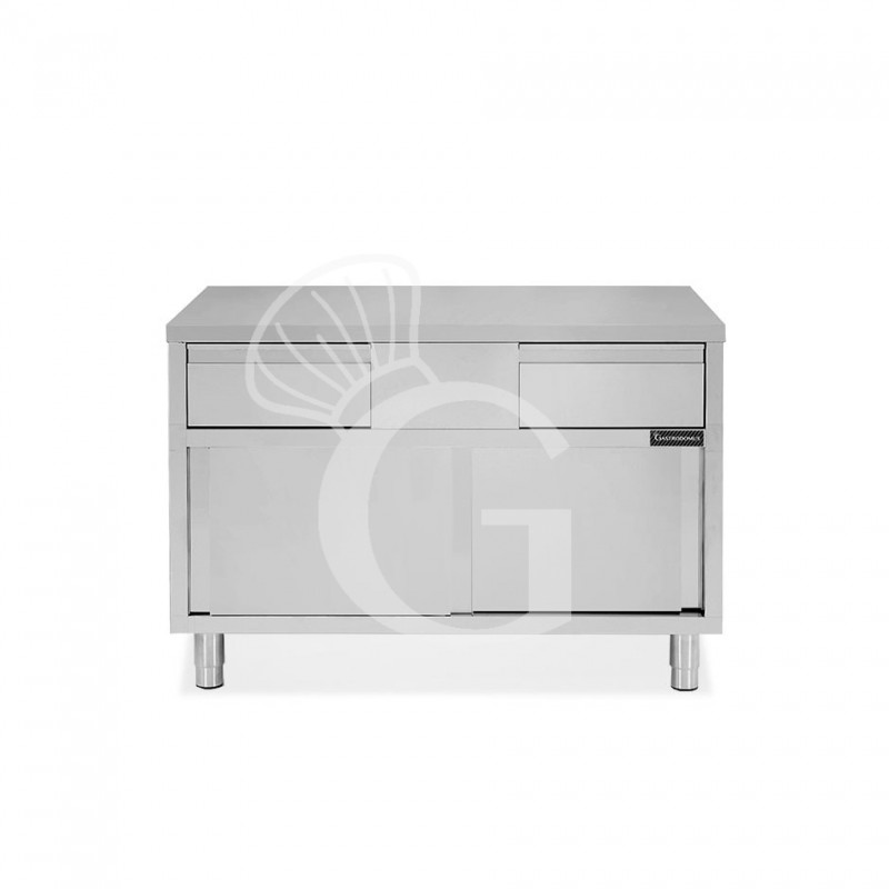 Tavolo armadiato in acciaio INOX, 2 porte scorrevoli, 2 cassetti, L1200xP600xH850 mm