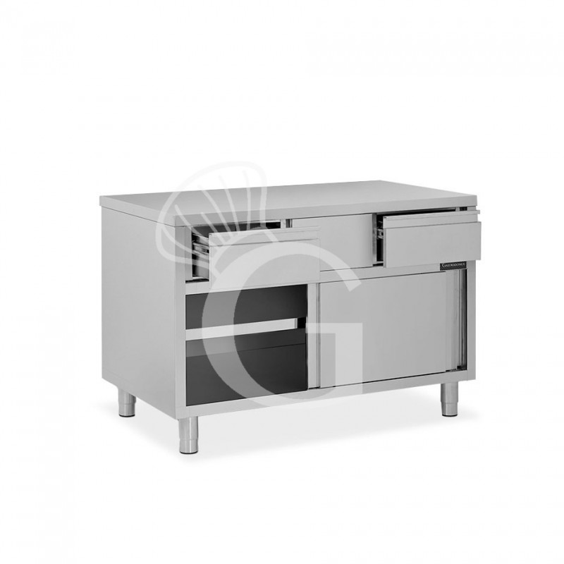 Tavolo armadiato in acciaio INOX, 2 porte scorrevoli, 2 cassetti, L1200xP600xH850 mm