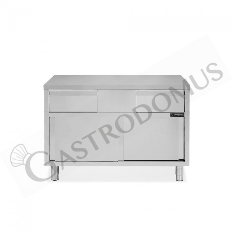 Tavolo armadiato in acciaio INOX, 2 porte scorrevoli, 2 cassetti, L1200xP700xH850 mm Tavolo armadiato in acciaio INOX, 2 porte scorrevoli, 2 cassetti, L1200xP700xH850 mm