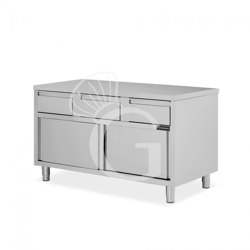 Tavolo armadiato in acciaio INOX, 2 porte scorrevoli, 3 cassetti, L1400xP600xH850 mm