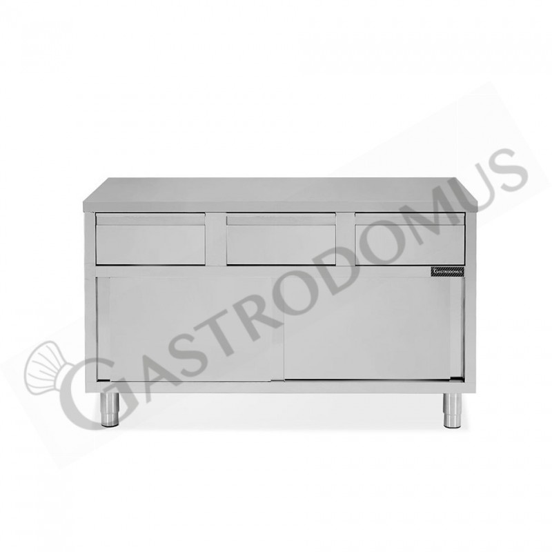 Tavolo armadiato in acciaio INOX, 2 porte scorrevoli, 3 cassetti, L1400xP600xH850 mm Tavolo armadiato in acciaio INOX, 2 porte scorrevoli, 3 cassetti, L1400xP600xH850 mm