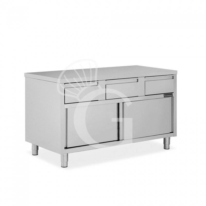 Tavolo armadiato in acciaio INOX, 2 porte scorrevoli, 3 cassetti, L1400xP600xH850 mm