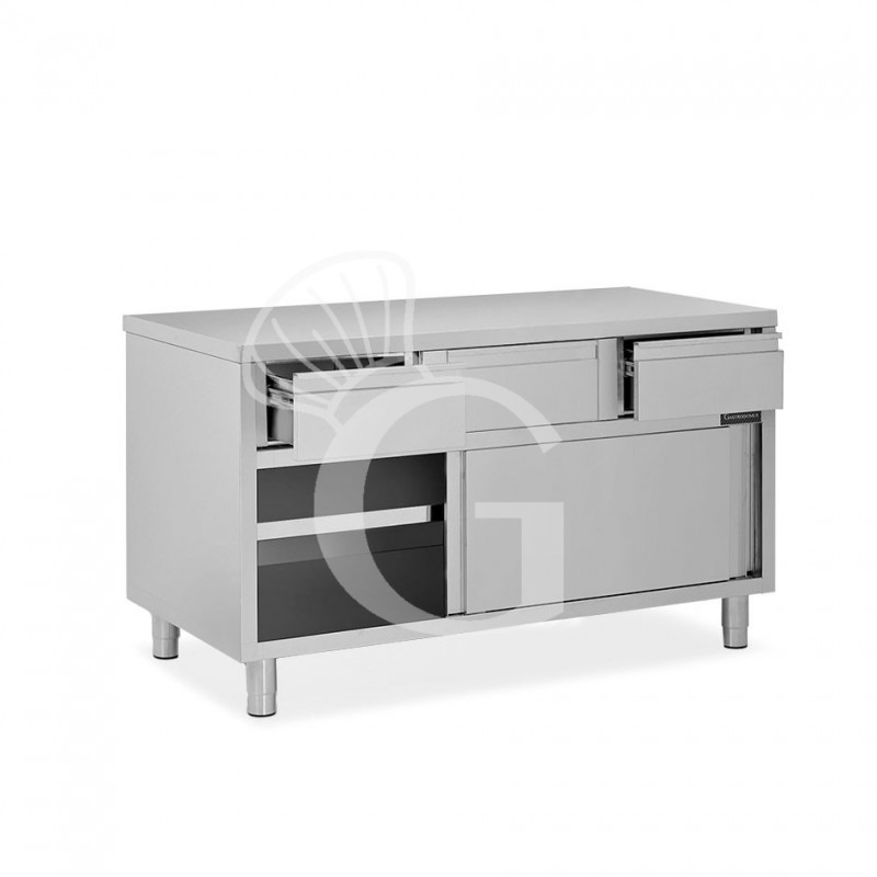 Tavolo armadiato in acciaio INOX, 2 porte scorrevoli, 3 cassetti, L1400xP600xH850 mm