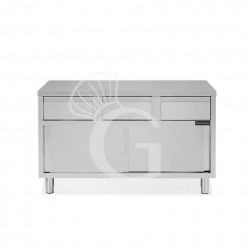 Tavolo armadiato in acciaio INOX, 2 porte scorrevoli, 3 cassetti, L1600xP600xH850 mm