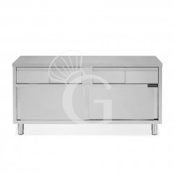 Tavolo armadiato in acciaio INOX, 2 porte scorrevoli, 4 cassetti, L1800xP600xH850 mm