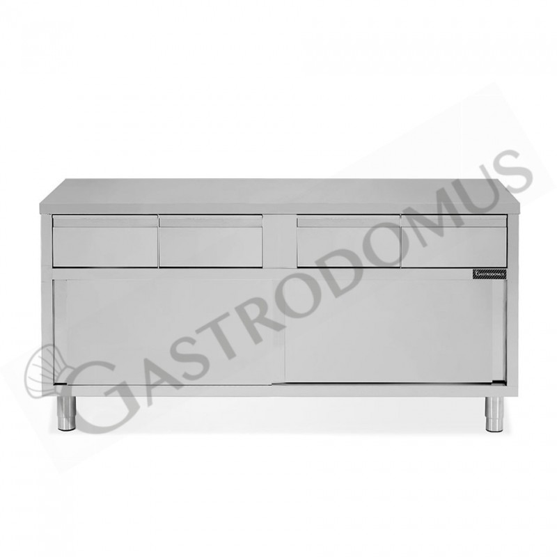 Tavolo armadiato in acciaio INOX, 2 porte scorrevoli, 4 cassetti, L1800xP600xH850 mm Tavolo armadiato in acciaio INOX, 2 porte scorrevoli, 4 cassetti, L1800xP600xH850 mm