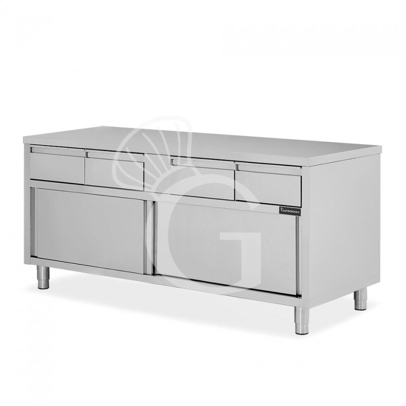 Tavolo armadiato in acciaio INOX, 2 porte scorrevoli, 4 cassetti, L2000xP600xH850 mm