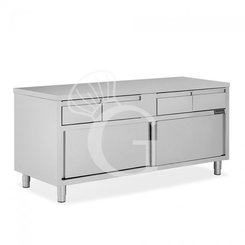Tavolo armadiato in acciaio INOX, 2 porte scorrevoli, 4 cassetti, L2000xP600xH850 mm