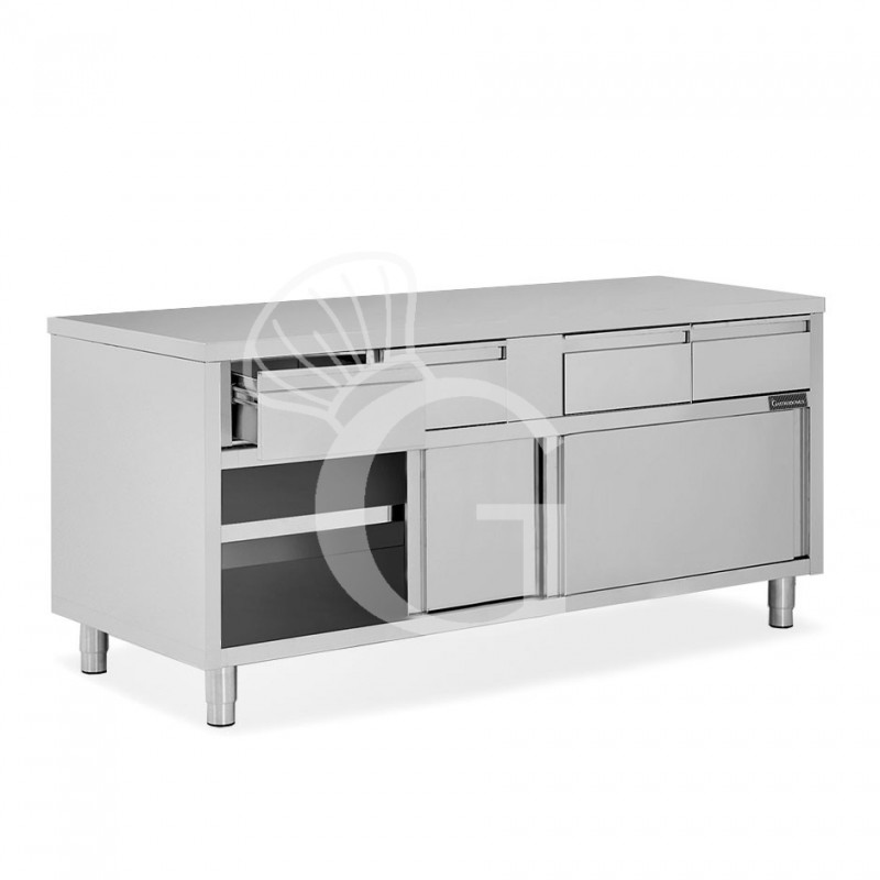 Tavolo armadiato in acciaio INOX, 2 porte scorrevoli, 4 cassetti, L2000xP600xH850 mm