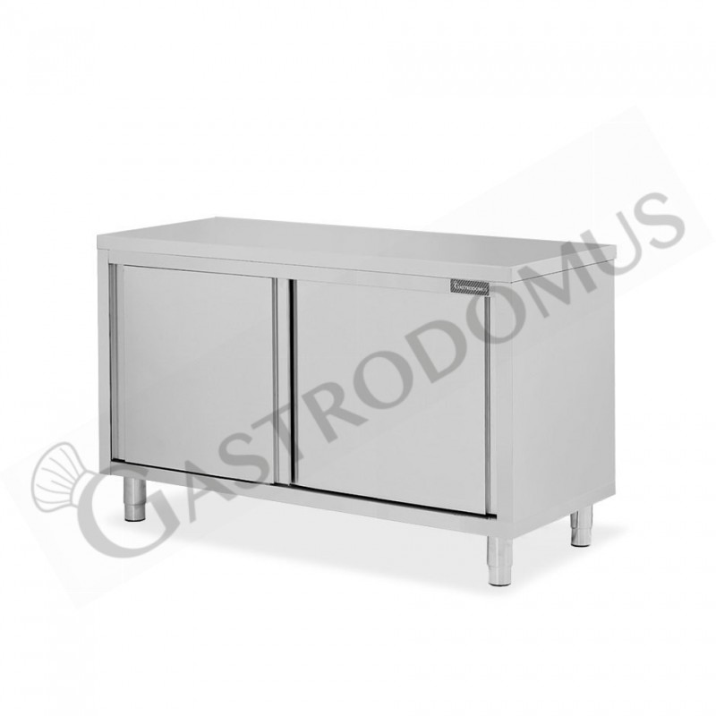 Tavolo armadiato in acciaio inox con 2 porte scorrevoli, L 1400 mm x P 800 mm x H 850 mm Tavolo armadiato in acciaio inox con 2 porte scorrevoli, L 1400 mm x P 800 mm x H 850 mm