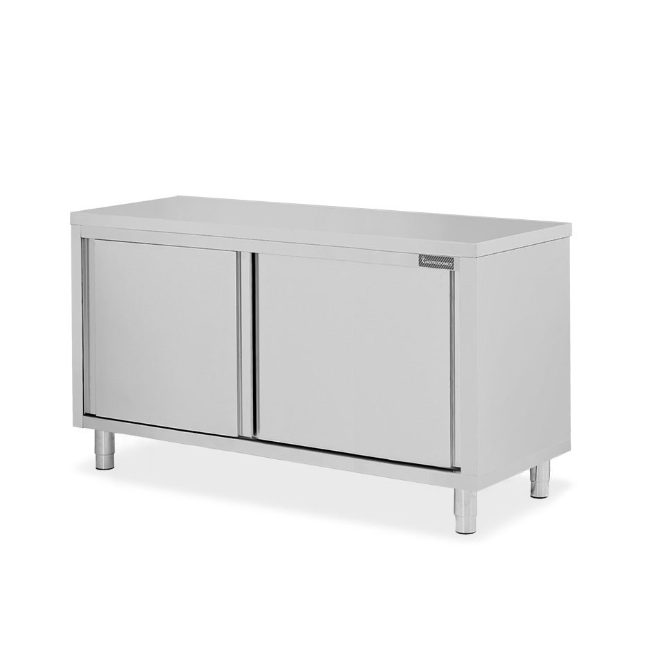 Tavolo armadiato in acciaio inox con 2 porte scorrevoli, L 1600 mm x P 600 mm x H 850 mm