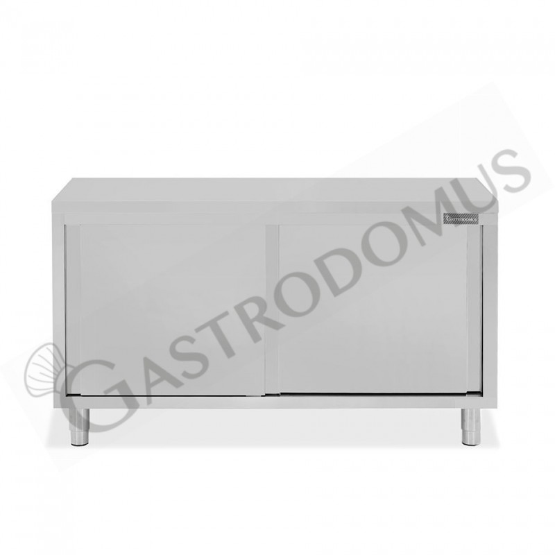 Tavolo armadiato in acciaio inox con 2 porte scorrevoli, L 1500 mm x P 700 mm x H 850 mm Tavolo armadiato in acciaio inox con 2 porte scorrevoli, L 1500 mm x P 700 mm x H 850 mm