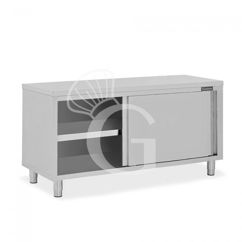 Tavolo armadiato in acciaio inox con 2 porte scorrevoli, L 2000 mm x P 600 mm x H 850 mm