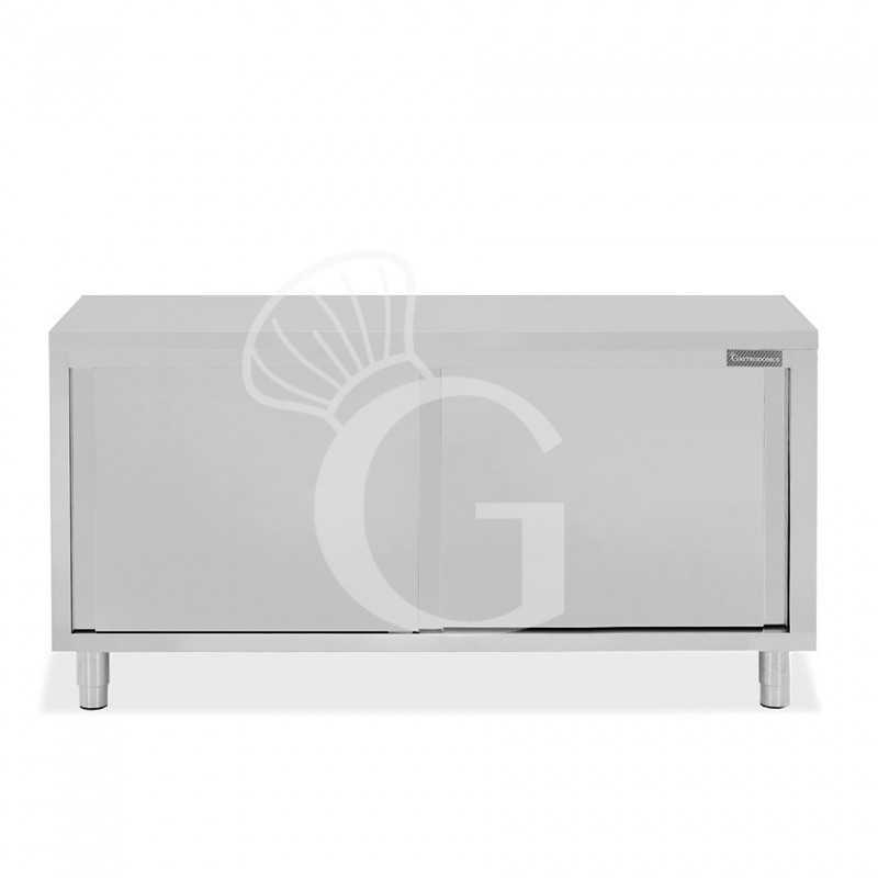 Tavolo armadiato in acciaio inox con 2 porte scorrevoli, L 1900 mm x P 700 mm x H 850 mm Tavolo armadiato in acciaio inox con 2 porte scorrevoli, L 1900 mm x P 700 mm x H 850 mm