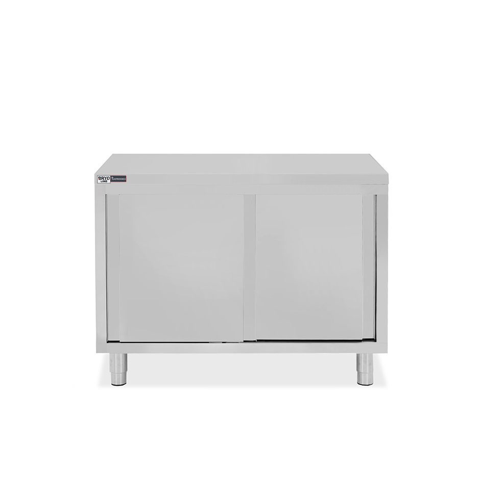 Tavolo armadiato in acciaio inox con 2 porte scorrevoli, L 1000 mm x P 800 mm x H 850 mm