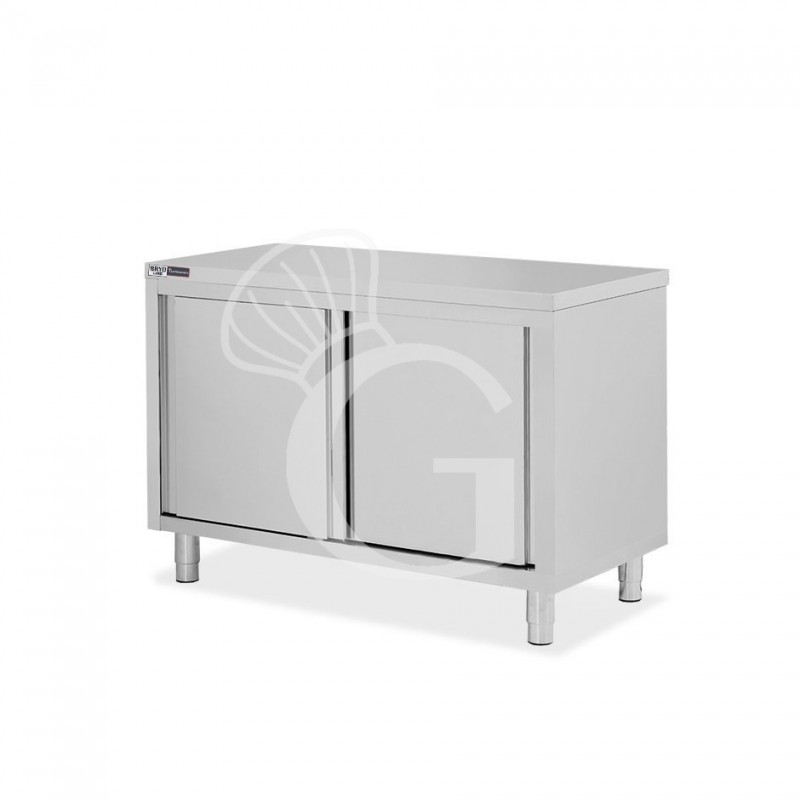 Tavolo armadiato in acciaio inox con 2 porte scorrevoli, L 1200 mm x P 800 mm x H 850 mm