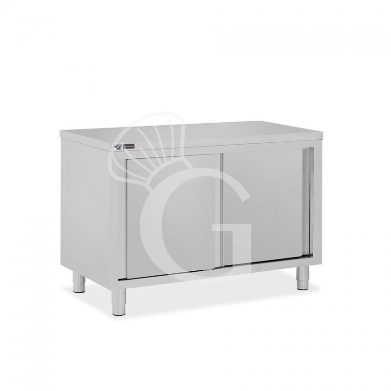 Tavolo armadiato in acciaio inox con 2 porte scorrevoli, L 1200 mm x P 800 mm x H 850 mm