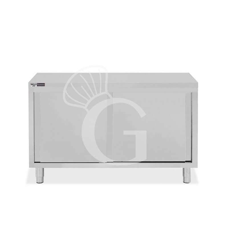 Tavolo armadiato in acciaio inox con 2 porte scorrevoli, L 1300 mm x P 600 mm x H 850 mm Tavolo armadiato in acciaio inox con 2 porte scorrevoli, L 1300 mm x P 600 mm x H 850 mm
